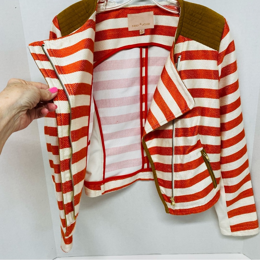 Gibson Latimer Striped Jacket Moto Jacket Orange/Coral Beige Medium Zip Front - Picture 4 of 16